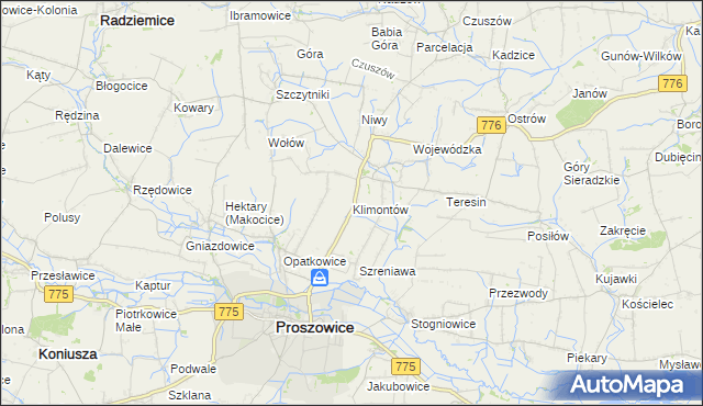 mapa Klimontów gmina Proszowice, Klimontów gmina Proszowice na mapie Targeo