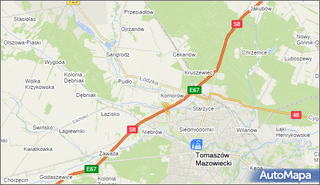 mapa Komorów gmina Tomaszów Mazowiecki, Komorów gmina Tomaszów Mazowiecki na mapie Targeo