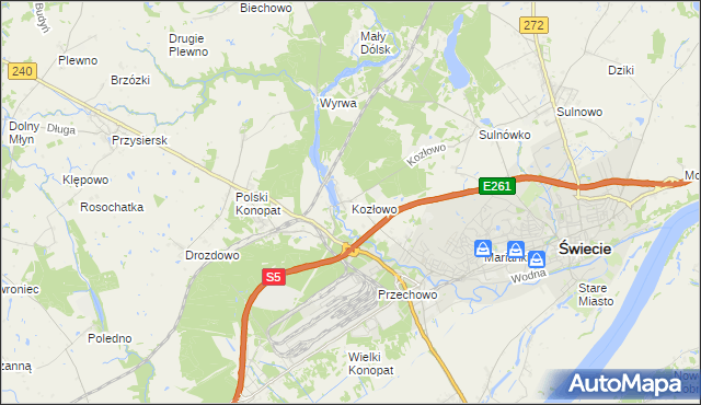 mapa Kozłowo gmina Świecie, Kozłowo gmina Świecie na mapie Targeo