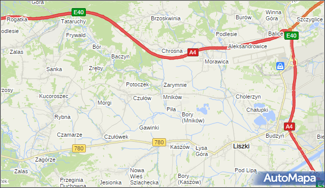 mapa Mników gmina Liszki, Mników gmina Liszki na mapie Targeo