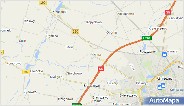 mapa Obora gmina Gniezno, Obora gmina Gniezno na mapie Targeo