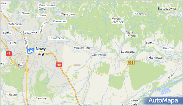 mapa Ostrowsko gmina Nowy Targ, Ostrowsko gmina Nowy Targ na mapie Targeo