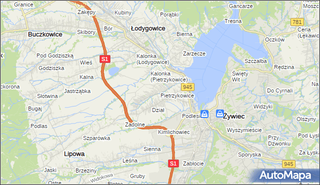 mapa Pietrzykowice gmina Łodygowice, Pietrzykowice gmina Łodygowice na mapie Targeo