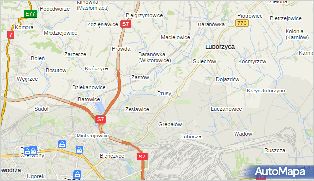 mapa Prusy gmina Kocmyrzów-Luborzyca, Prusy gmina Kocmyrzów-Luborzyca na mapie Targeo