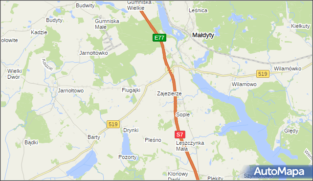 mapa Zajezierze gmina Małdyty, Zajezierze gmina Małdyty na mapie Targeo