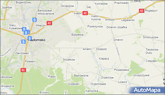 mapa Amelin gmina Radomsko, Amelin gmina Radomsko na mapie Targeo