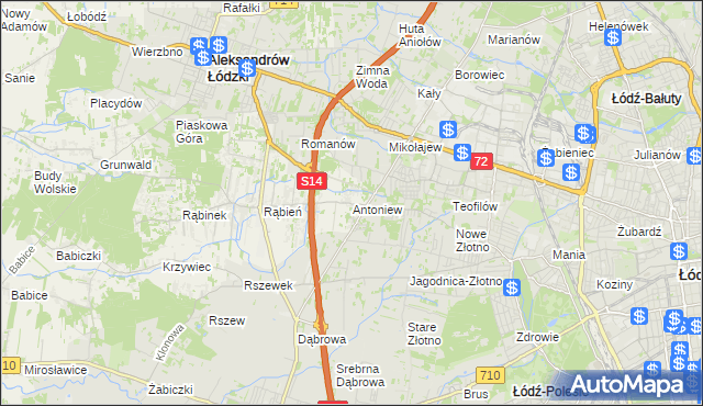 mapa Antoniew gmina Aleksandrów Łódzki, Antoniew gmina Aleksandrów Łódzki na mapie Targeo