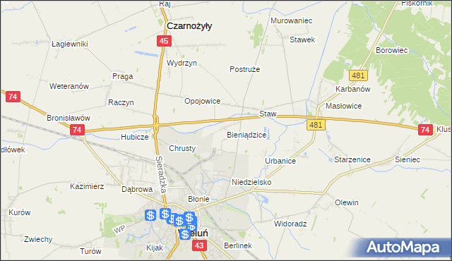 mapa Bieniądzice, Bieniądzice na mapie Targeo