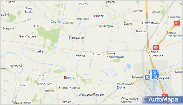 mapa Błonie gmina Łęczyca, Błonie gmina Łęczyca na mapie Targeo
