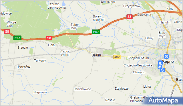 mapa Bralin powiat kępiński, Bralin powiat kępiński na mapie Targeo