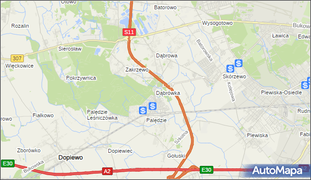 mapa Dąbrówka gmina Dopiewo, Dąbrówka gmina Dopiewo na mapie Targeo