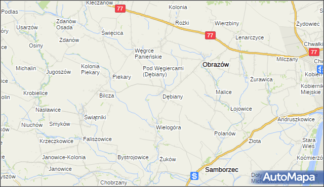 mapa Dębiany gmina Obrazów, Dębiany gmina Obrazów na mapie Targeo
