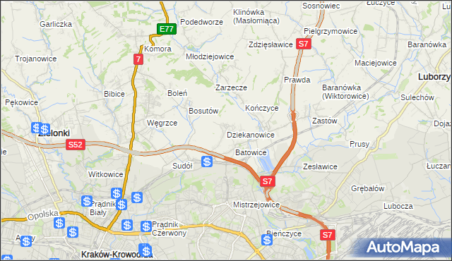 mapa Dziekanowice gmina Zielonki, Dziekanowice gmina Zielonki na mapie Targeo