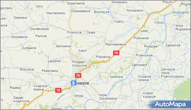 mapa Filipowice gmina Koszyce, Filipowice gmina Koszyce na mapie Targeo