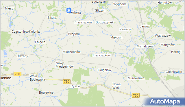 mapa Franciszków gmina Jasieniec, Franciszków gmina Jasieniec na mapie Targeo