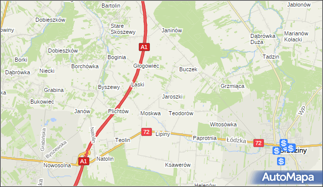 mapa Jaroszki gmina Brzeziny, Jaroszki gmina Brzeziny na mapie Targeo