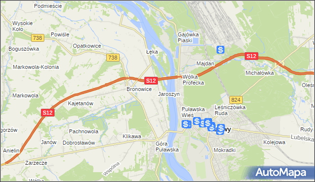 mapa Jaroszyn gmina Puławy, Jaroszyn gmina Puławy na mapie Targeo