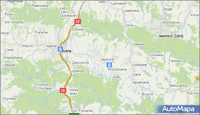 mapa Jasionka gmina Dukla, Jasionka gmina Dukla na mapie Targeo