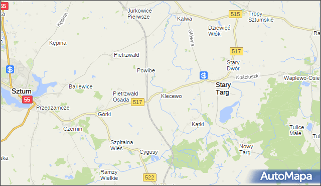 mapa Klecewo gmina Stary Targ, Klecewo gmina Stary Targ na mapie Targeo