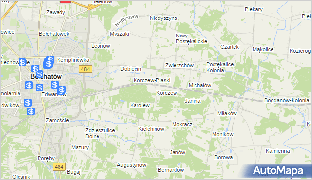 mapa Korczew gmina Bełchatów, Korczew gmina Bełchatów na mapie Targeo