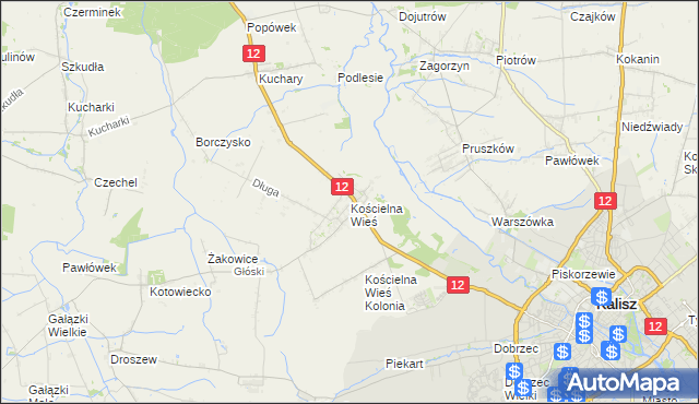 mapa Kościelna Wieś gmina Gołuchów, Kościelna Wieś gmina Gołuchów na mapie Targeo