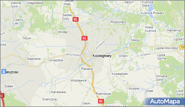 mapa Koziegłowy powiat myszkowski, Koziegłowy powiat myszkowski na mapie Targeo