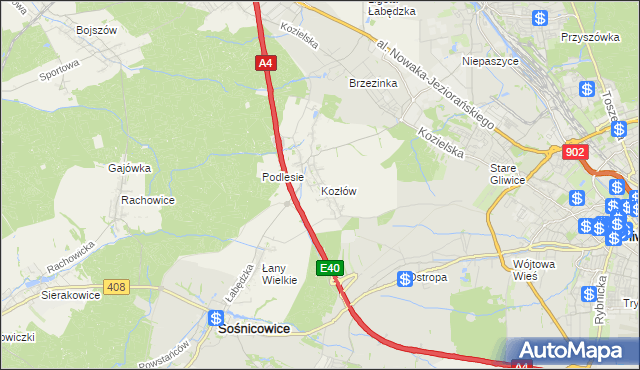 mapa Kozłów gmina Sośnicowice, Kozłów gmina Sośnicowice na mapie Targeo