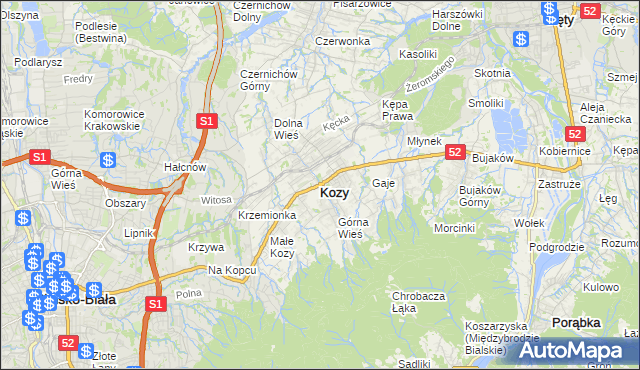 mapa Kozy powiat bielski, Kozy powiat bielski na mapie Targeo