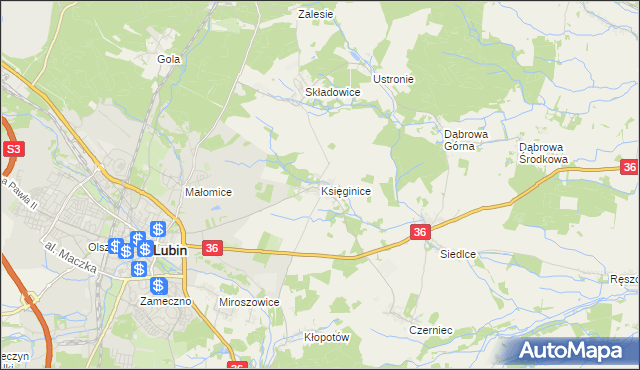 mapa Księginice gmina Lubin, Księginice gmina Lubin na mapie Targeo