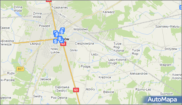 mapa Łazy gmina Łuków, Łazy gmina Łuków na mapie Targeo
