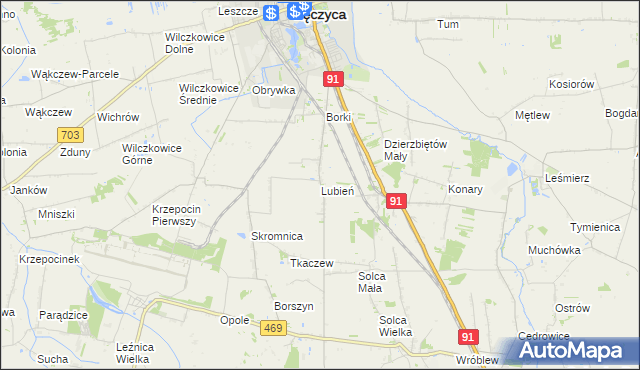 mapa Lubień gmina Łęczyca, Lubień gmina Łęczyca na mapie Targeo