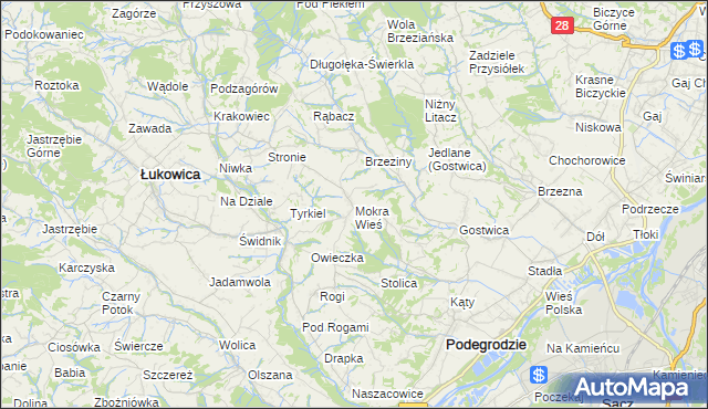 mapa Mokra Wieś gmina Podegrodzie, Mokra Wieś gmina Podegrodzie na mapie Targeo