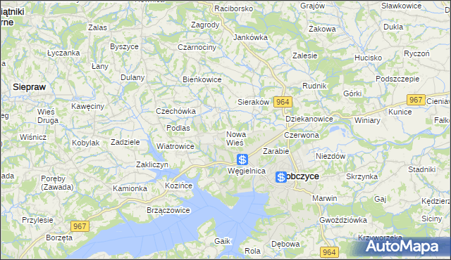 mapa Nowa Wieś gmina Dobczyce, Nowa Wieś gmina Dobczyce na mapie Targeo