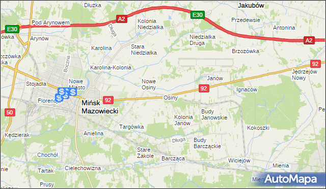 mapa Osiny gmina Mińsk Mazowiecki, Osiny gmina Mińsk Mazowiecki na mapie Targeo