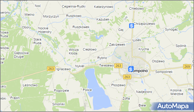 mapa Rybno gmina Wierzbinek, Rybno gmina Wierzbinek na mapie Targeo