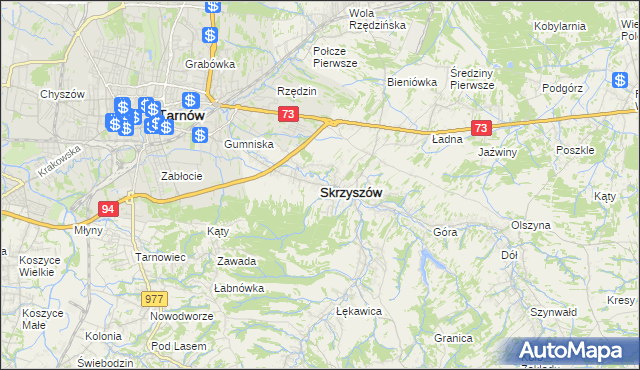 mapa Skrzyszów powiat tarnowski, Skrzyszów powiat tarnowski na mapie Targeo