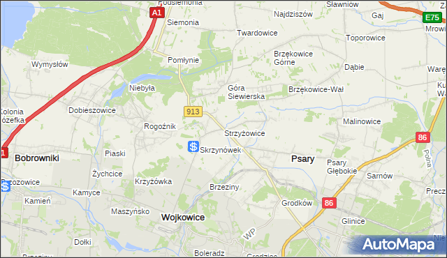 mapa Strzyżowice gmina Psary, Strzyżowice gmina Psary na mapie Targeo