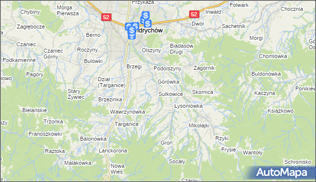 mapa Sułkowice gmina Andrychów, Sułkowice gmina Andrychów na mapie Targeo