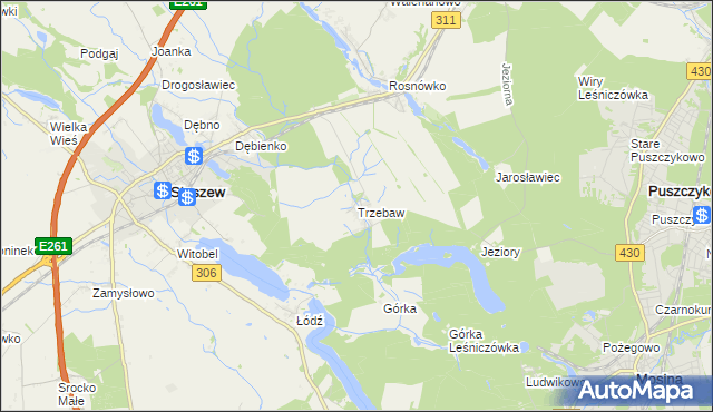 mapa Trzebaw gmina Stęszew, Trzebaw gmina Stęszew na mapie Targeo