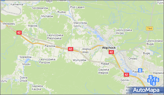 mapa Wielka Wieś gmina Wąchock, Wielka Wieś gmina Wąchock na mapie Targeo