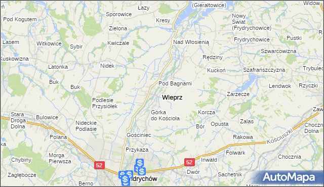 mapa Wieprz powiat wadowicki, Wieprz powiat wadowicki na mapie Targeo