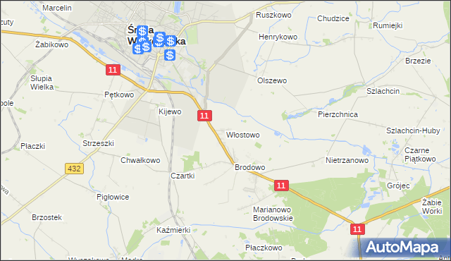 mapa Włostowo gmina Środa Wielkopolska, Włostowo gmina Środa Wielkopolska na mapie Targeo