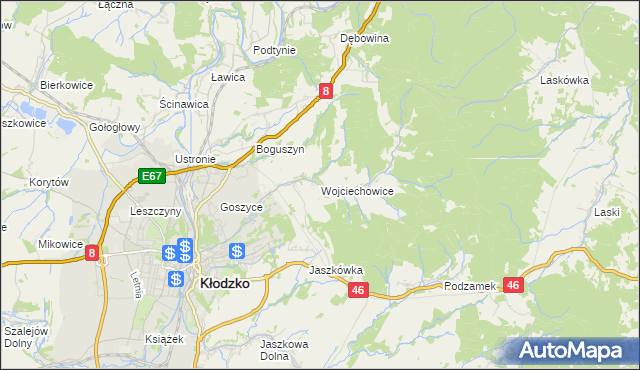 mapa Wojciechowice gmina Kłodzko, Wojciechowice gmina Kłodzko na mapie Targeo