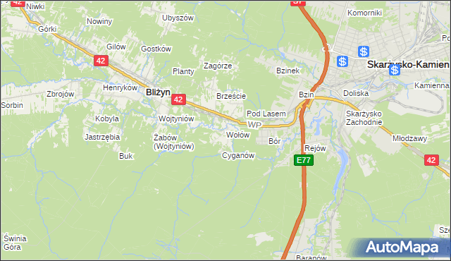 mapa Wołów gmina Bliżyn, Wołów gmina Bliżyn na mapie Targeo
