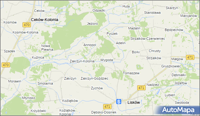 mapa Wygoda gmina Lisków, Wygoda gmina Lisków na mapie Targeo