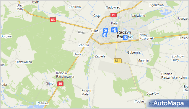 mapa Zabiele gmina Radzyń Podlaski, Zabiele gmina Radzyń Podlaski na mapie Targeo