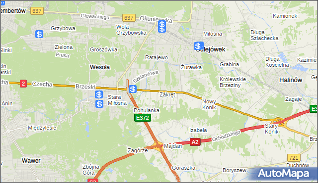 mapa Zakręt gmina Wiązowna, Zakręt gmina Wiązowna na mapie Targeo