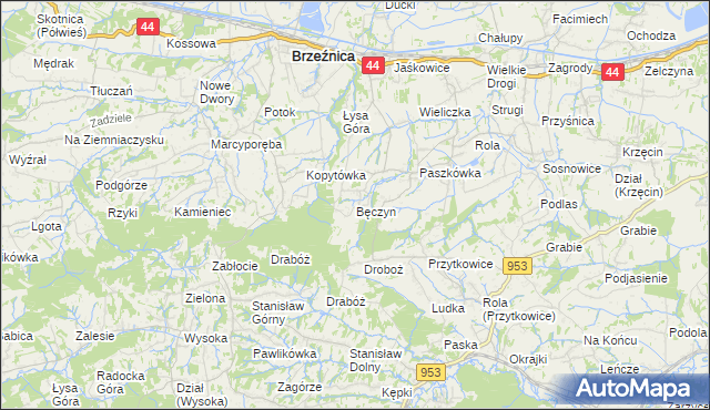 mapa Bęczyn gmina Brzeźnica, Bęczyn gmina Brzeźnica na mapie Targeo