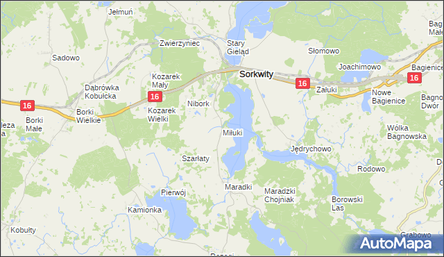 mapa Miłuki gmina Sorkwity, Miłuki gmina Sorkwity na mapie Targeo