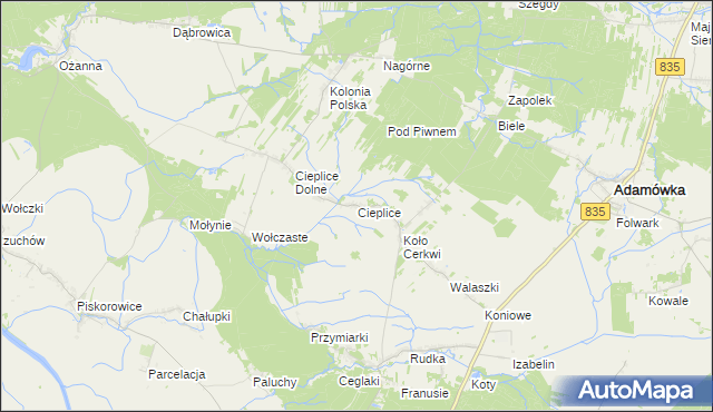 mapa Cieplice gmina Adamówka, Cieplice gmina Adamówka na mapie Targeo